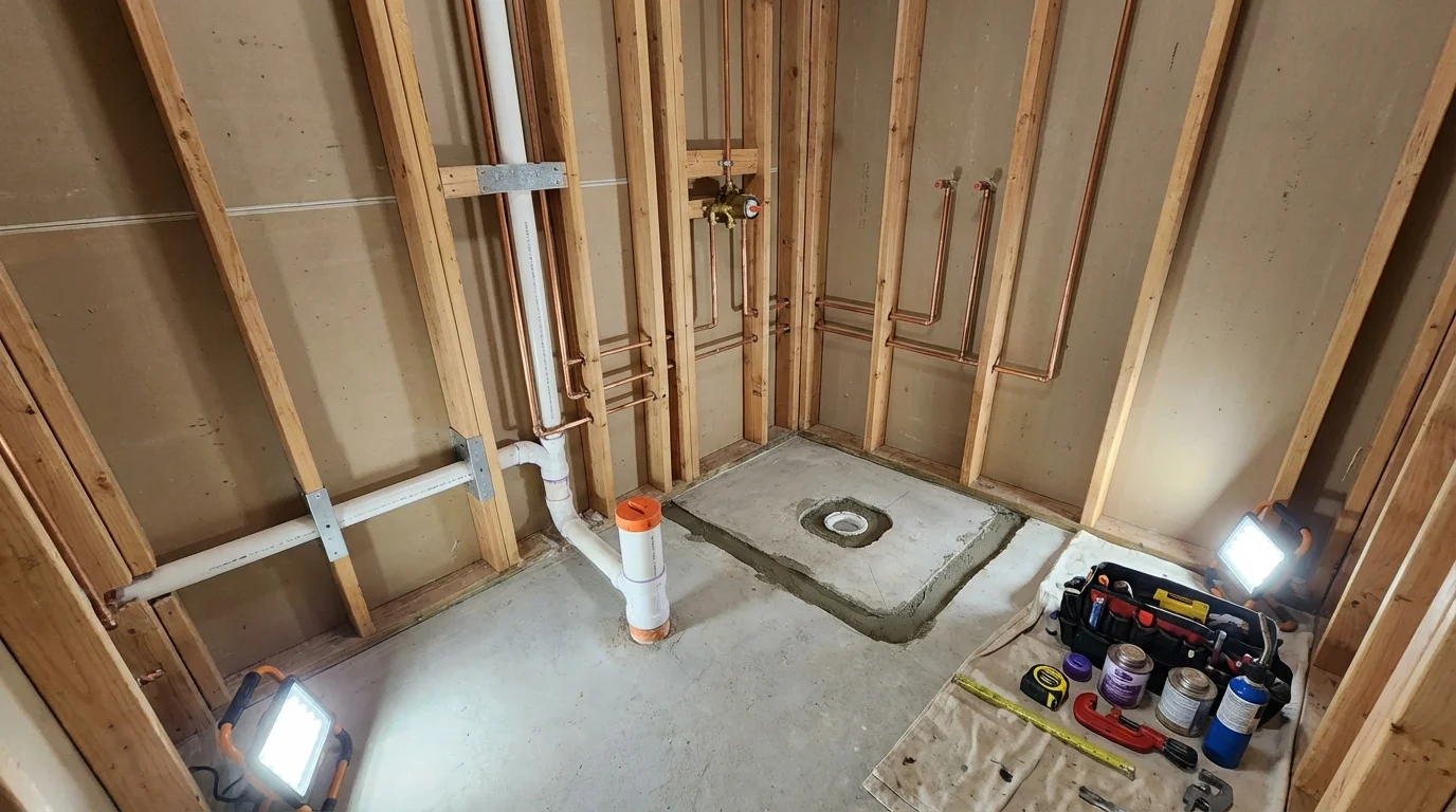 Bathroom rough-in plumbing during remodel by Johns Plumbing LLC in Glasford