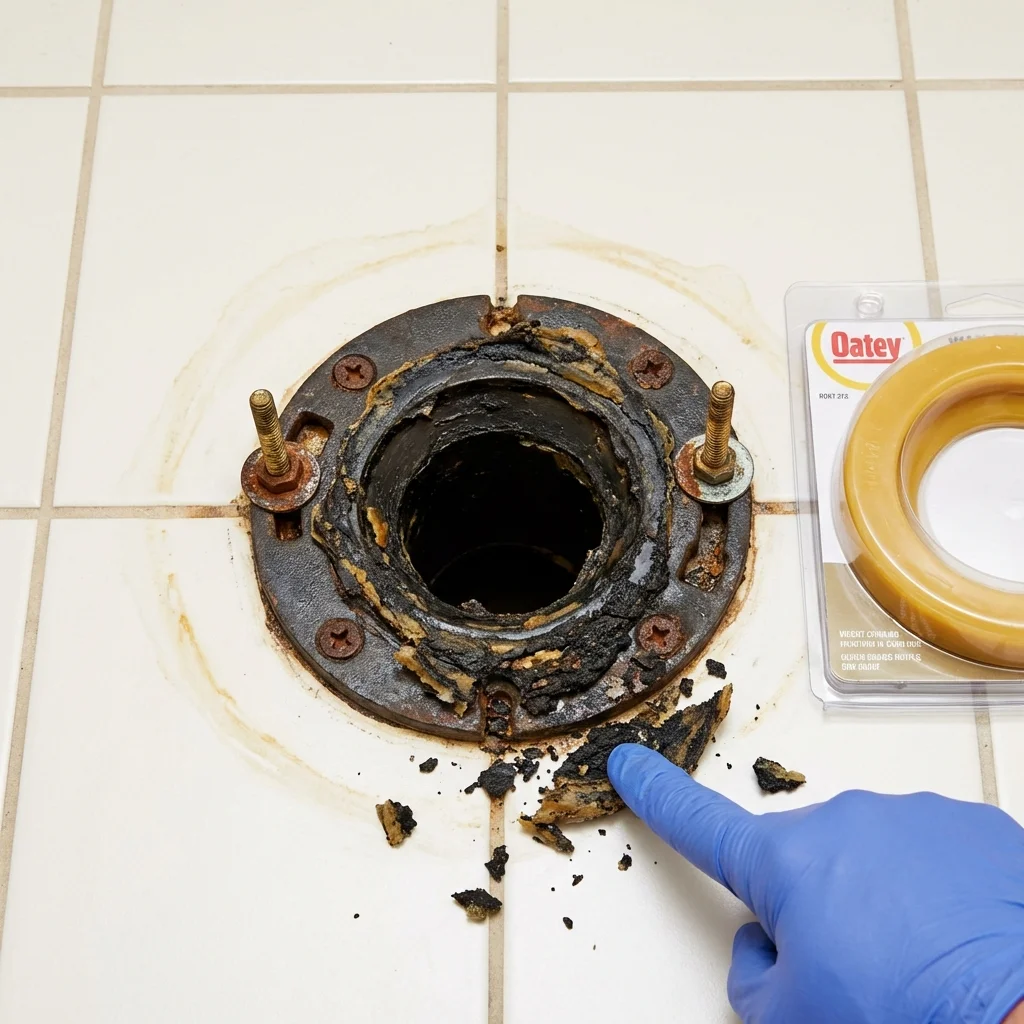 Failed wax ring showing water seepage at the base of a toilet in a Glasford, IL home
